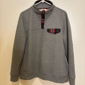Gray Quilted Snap Pullover w/ Plaid Trim & Elbow Patches – Size L